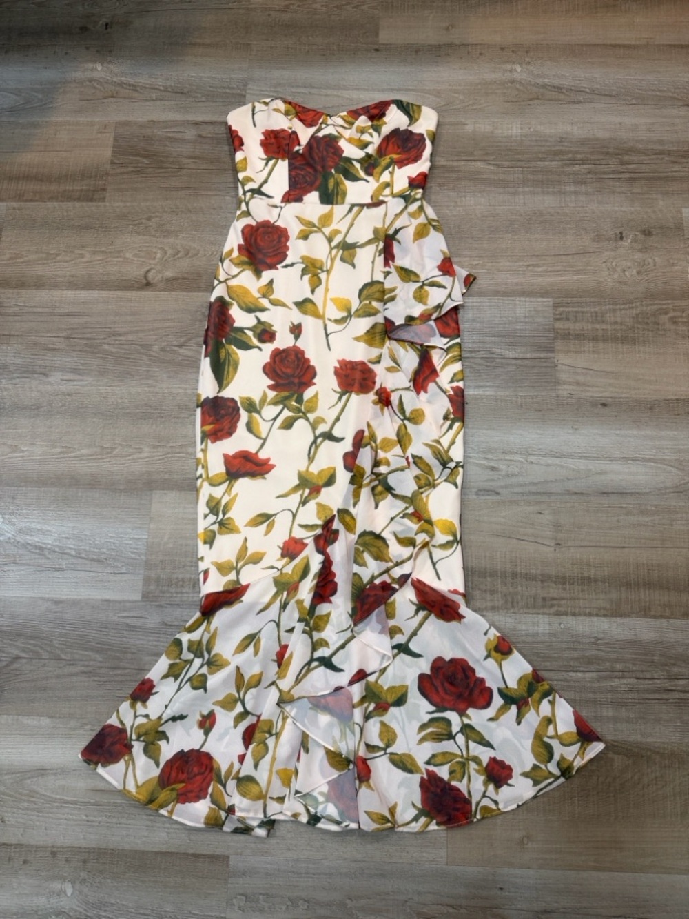 Dress the Population Strapless Floral Ruffle Paris Gown in Cream and Red, Size S